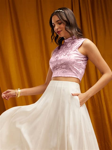 Buy Pink Velvet High Neck Blouse Online | Pink Fort