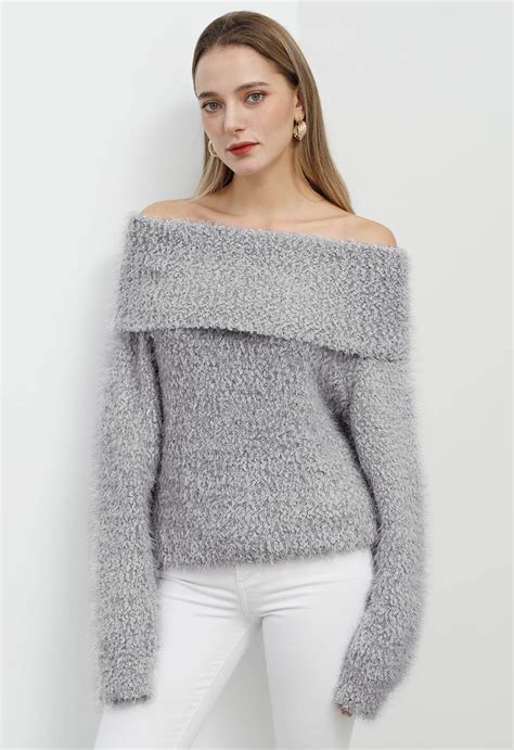 Folded Off-Shoulder Fuzzy Knit Sweater in Grey - Retro, Indie and ...