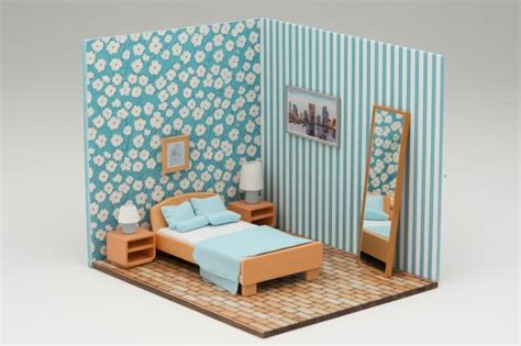A miniature bedroom with a bed nightstands and a mirror | Premium AI ...
