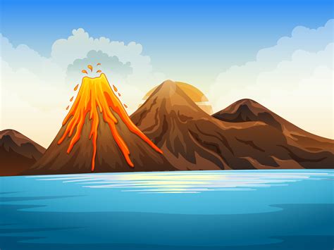 Volcano eruption by the lake 519269 Vector Art at Vecteezy