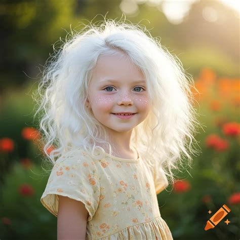 Young girl with white curly hair and freckles smiles in a sunny field ...