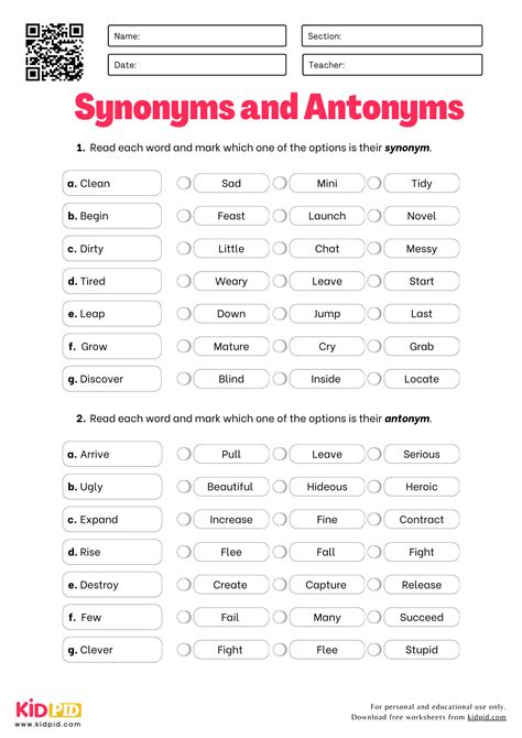 Synonyms & Antonyms Worksheets For Kindergarten To Grade 5 - Kidpid