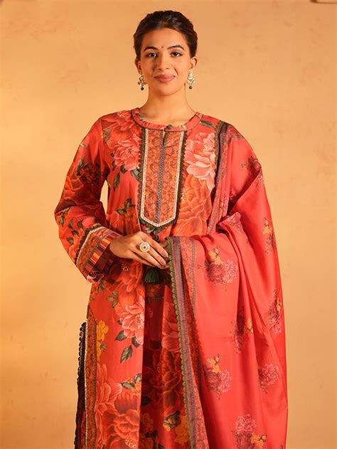 Red Embroidered Cotton Mul Suit- Set of 3