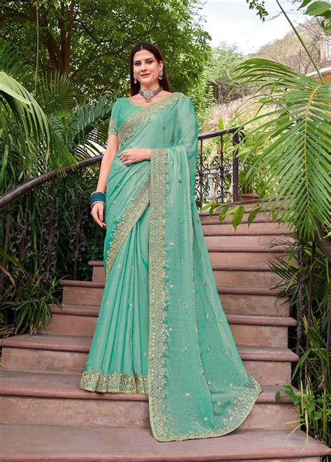 Laxmipati Uphaar Floral Embroidered Chiffon Saree in Teal Green Color
