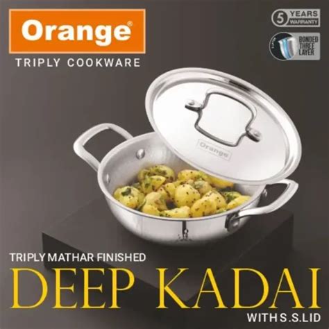 Orange Triply Hammered Deep Kadai with SS Lid