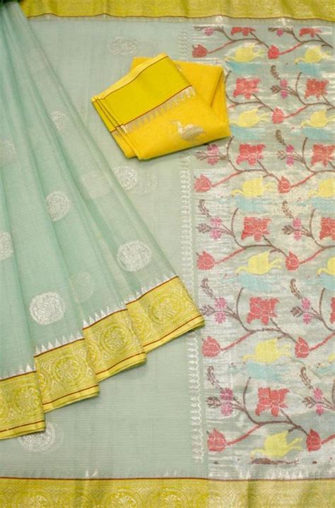 Blue Handloom Kota Doria Real Zari Saree - Luxurionworld