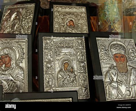 Greek Orthodox silver icons pictures of saints in an for sale Stock ...