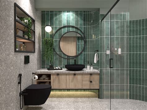 Modern contemporary bathroom with beige patterned tiles and wall ...