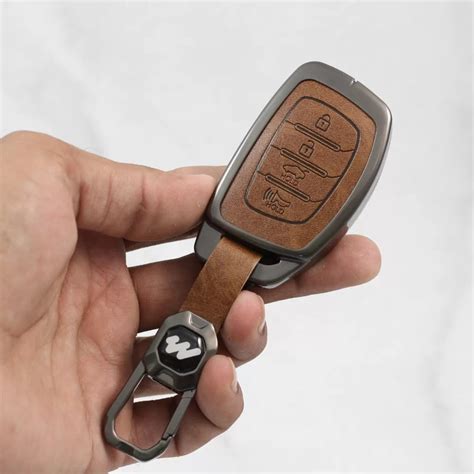 Metal Alloy Leather Key case for Hyundai 4 Button Smart Key (TAN ...