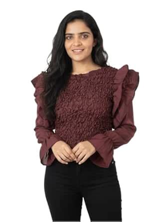 Women's Smocked Ruffle Top, Burgundy, Long Sleeve Blouse with Floral ...