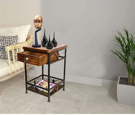 ZONAIRA WOODEE Wood and Iron Stool with Drawer for Living Room and Bed ...