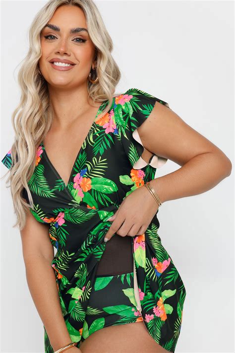 YOURS Plus Size Black Hawaiian Floral Print Swim Dress | Yours Clothing