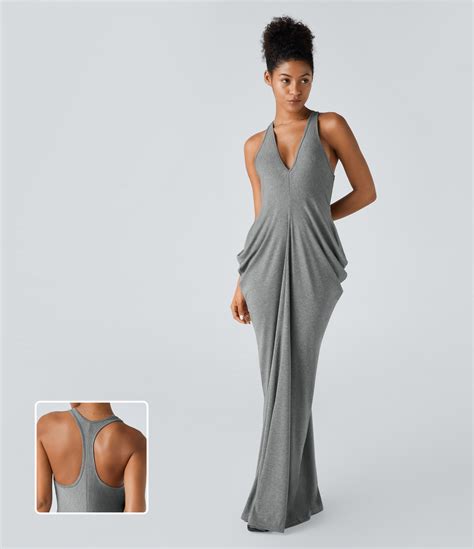 Wholesale Deep V Neck Backless Racerback Stacked Ruched Maxi Casual ...