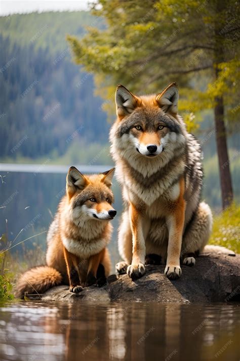 Premium Photo | Majestic wolf and cute fox are friends size of fox abo