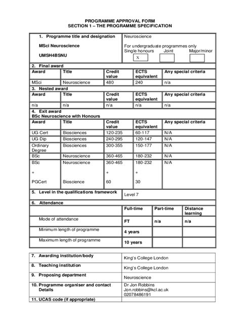 Fillable Online MSci Neuroscience - PROGRAMME APPROVAL FORM Fax Email ...