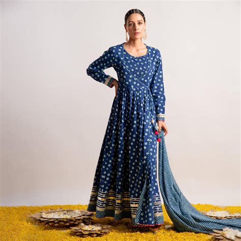 Blue Bandhani Print Kalidaar Dress with Dupatta – Ekohum India