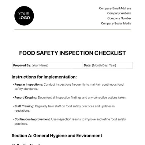 Food Safety Inspection Checklist Template - Edit Online & Download ...