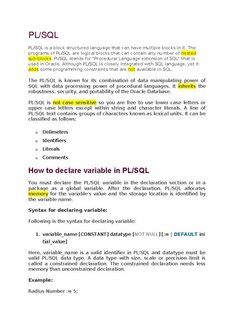 1 intro to Plsql - Summary DBMS - PL/SQL PL/SQL is a block structured ...