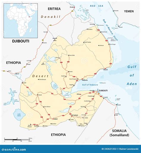 Vector Road Map of East African Republic of Djibouti Stock Vector - Illustration of horn ...