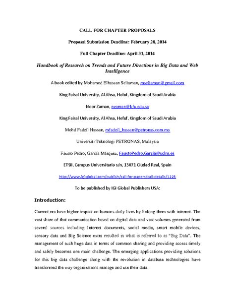 CALL FOR CHAPTER PROPOSALS: Big Data & Web Intelligence Handbook - Studocu