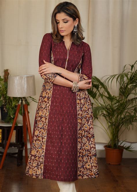 Unique A-Line Cotton Kalamkari and Ikat Combination Kurta with subtle ...