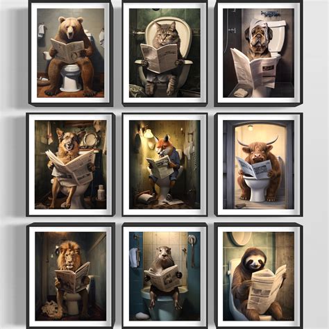 Funny Bathroom Wall Art Set, Animal Sitting on the Toilet, Bathroom ...