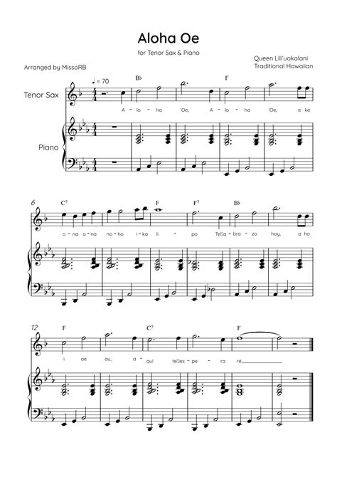 Aloha Oe - Tenor Sax & Piano in Eb Major Easy With Lyrics & Chords (arr ...