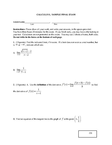 Sample Final Calculus I - CALCULUS I, SAMPLE FINAL EXAM YOUR NAME ...