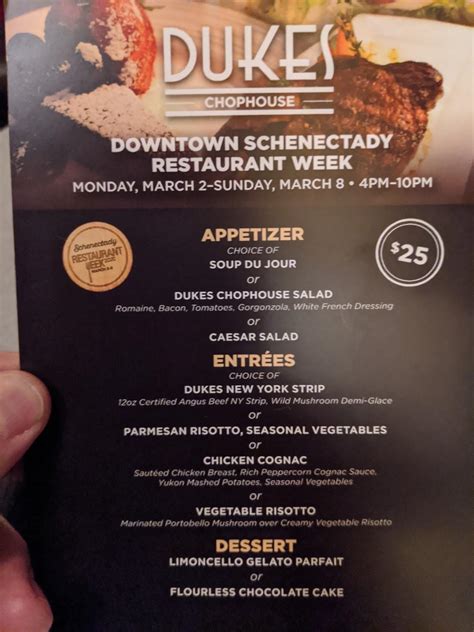 Menu at Dukes Chophouse steakhouse, Schenectady