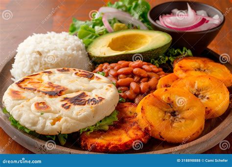 Traditional Latin American Platter with Arepa, Plantains, Beans, and ...