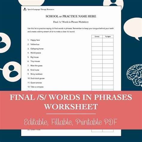 Final /S/ Words in Phrases Worksheet for Speech Therapy (Editable ...