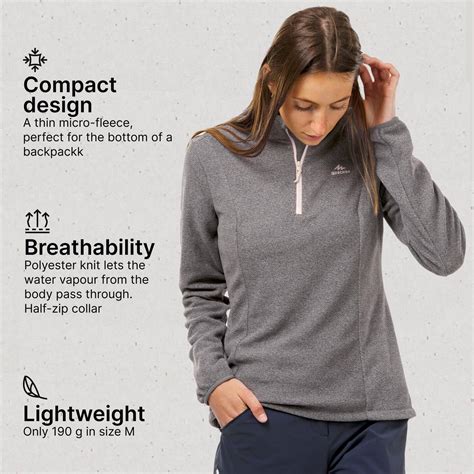 Women Sweater Half-Zip Fleece for Hiking MH100 Grey
