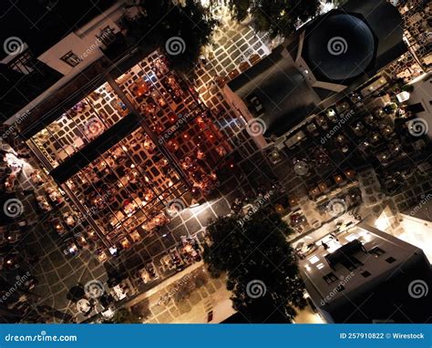 Aerial Night View of Buildings in Mykonos Island, Greece Stock Photo ...