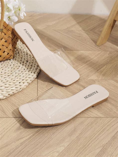 Women's Transparent Wide Band Square Toe Flat Slippers For Cross-Border ...