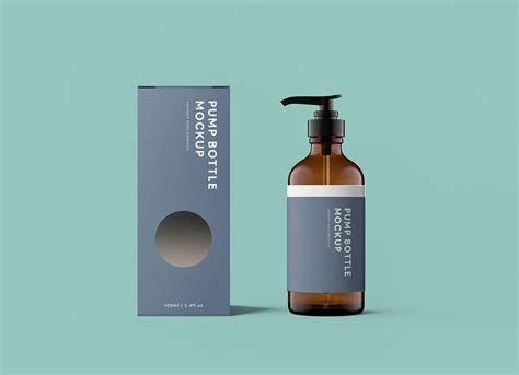 Free Amber Glass Pump Bottle With Packaging Mockup PSD - Good Mockups
