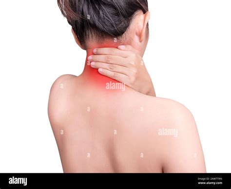 woman suffering from neck pain using hand massage painful neck and nape ...