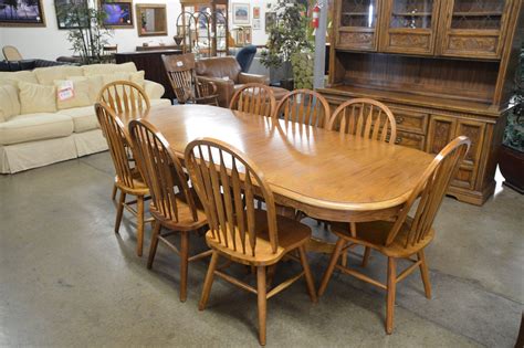 Oak Trestle Table, 2 leaves 6 side chairs and 2 arm chairs. All in very ...