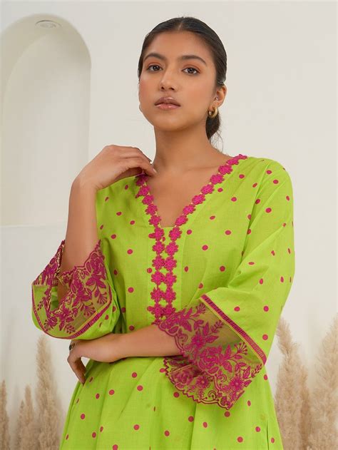 Buy Green Pink Polka Dot Hand Block Printed Cotton Kurta with Pants ...
