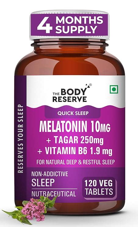 The Body Reserve Melatonin 10mg with Tagar 250mg - 120 Veg Tablets for ...