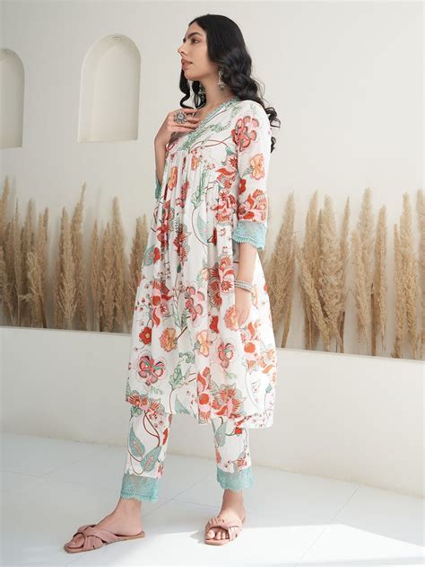 Buy Ivory Red Printed Cotton Gathered Kurta with Pants- Set of 2 ...