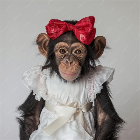 Premium Photo | Monkey Wearing White Dress and Red Bow Cute Animal Photo