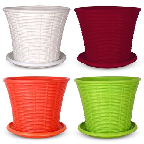 HINS PLANTERS Plastic Ratan Plant Pot 9 Inch Multicolour Set of 4 With ...