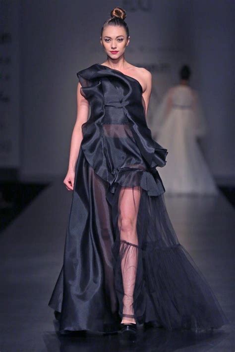 One shoulder gown with sheer panel and frill detailing – Gauri and Nainika