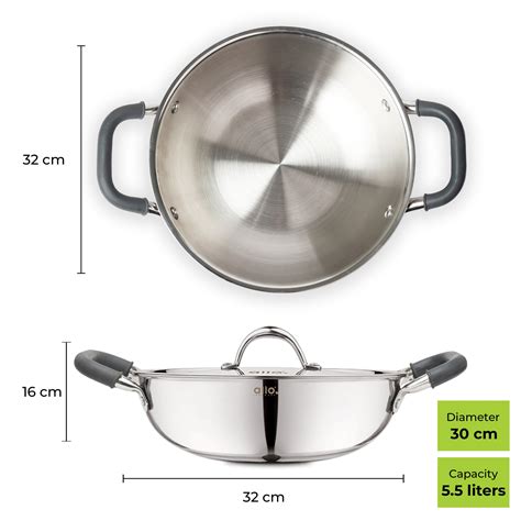 5.5L Allo CookSafe TriPly Kadhai | Stainless Steel | With Stainless ...