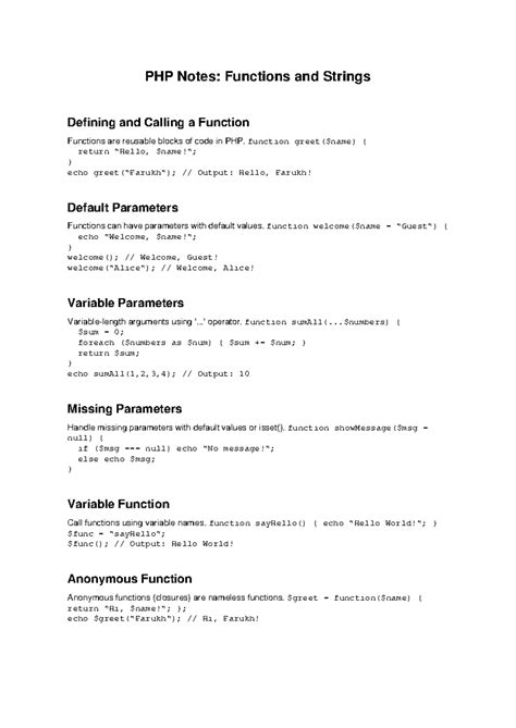PHP Notes: Functions & Strings Overview and Usage - Studocu