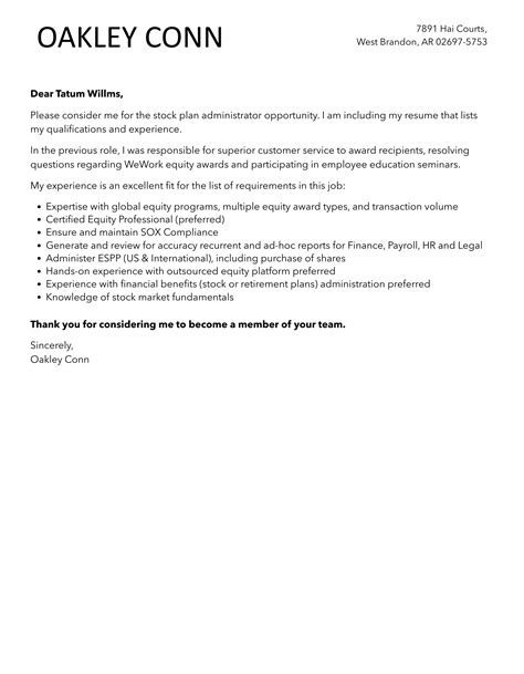 Stock Plan Administrator Cover Letter | Velvet Jobs