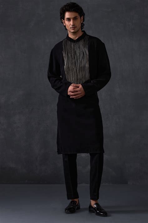 Black Kurta With Leather Detailing And Trousers – sameergujral