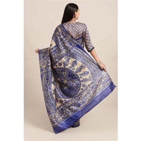 Madhubani Print Silk Saree for Women - Elegant Navy Blue – Charkha Tales