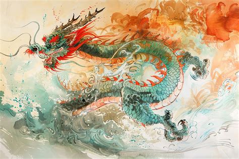 Mythological Chinese dragon traditional art water and land ritual brush ...