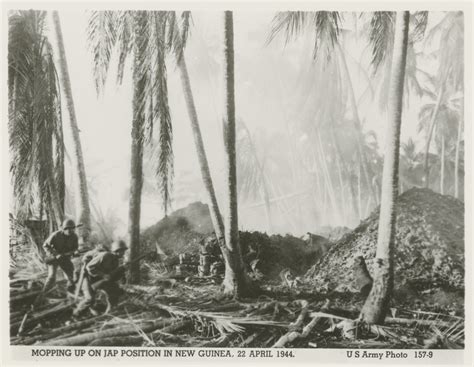 US Army soldiers advancing through a war-damaged jungle, New Guinea ...